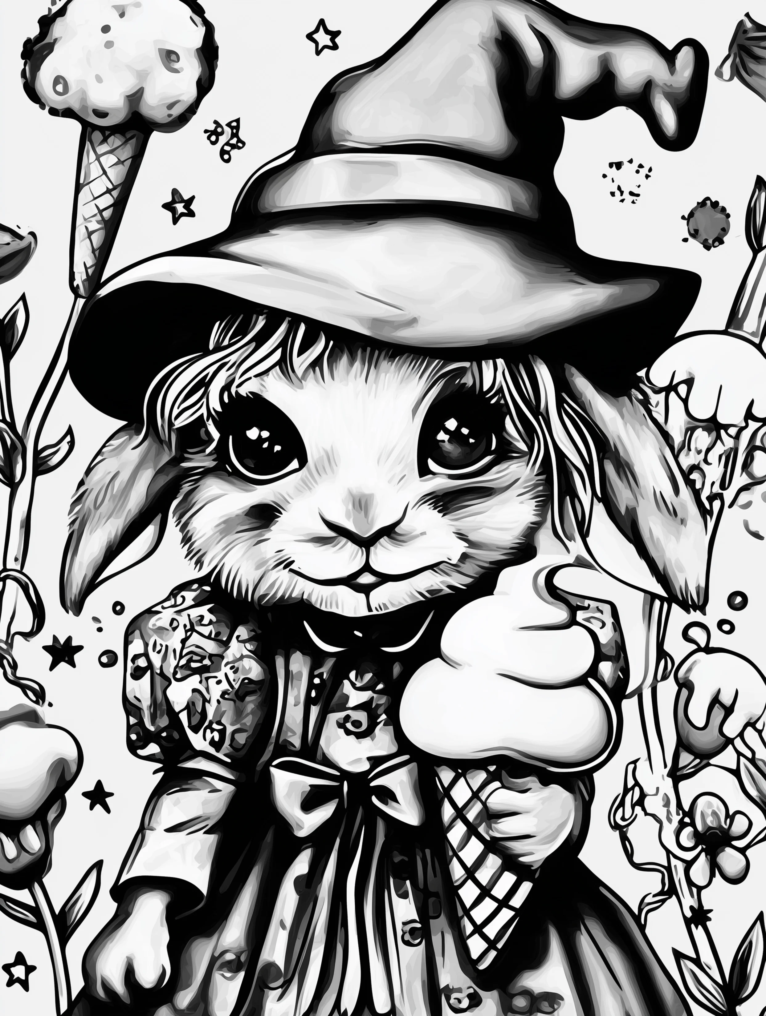 Free printable rabbit coloring page for adults featuring a rabbit dressed as a witch with ice cream